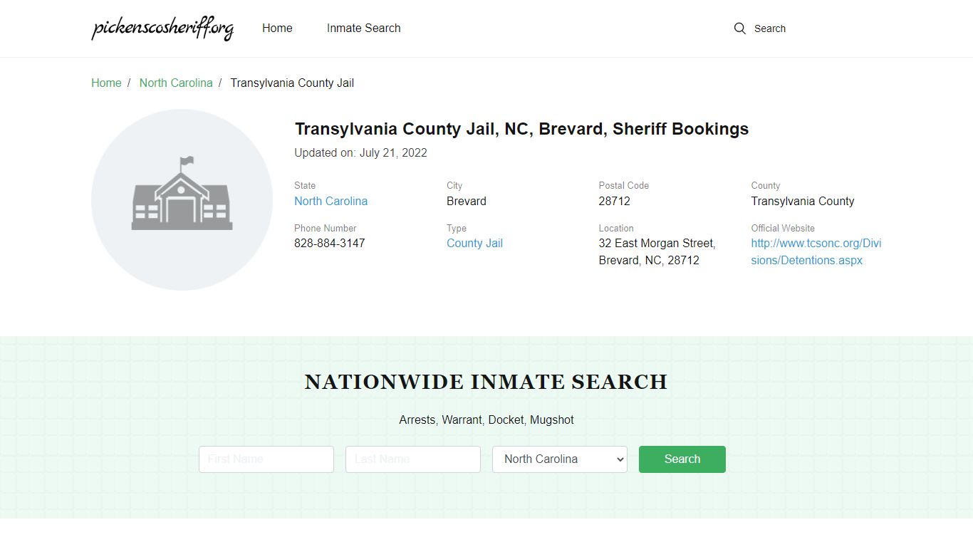 Transylvania County Jail, NC, Brevard, Sheriff Bookings